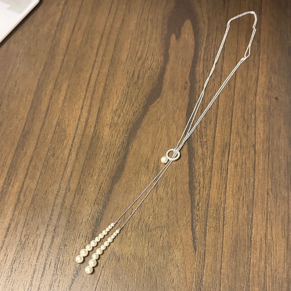 Elegant Silver Lariat Pearl Bead Necklace